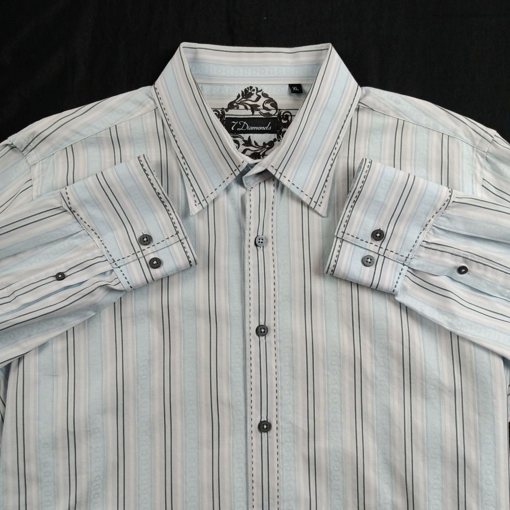 7 Diamonds Mens XL Long Sleeve Button Down Blue White Striped Cotton Shirt